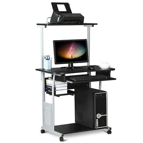 Yaheetech Bureau Informatique Bureau Ordinateur 80 x 50 x 132 cm avec Tablettes de Rangement pour Imprimante sur roulettes avec Freins Noir Table pour Petit Espace Noir