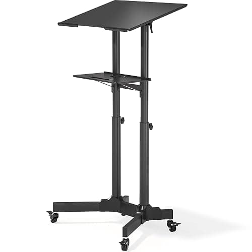 BONTEC Bureau Informatique Mobile, Hauteur Réglable 103-125 cm | Plateau Inclinable, Structure en Acier, Roulettes, Format Compact pour Espaces Réduits