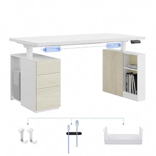 FLEXISPOT Bureau Assis Debout 140x80cm avec Caisson Latéral Modulaire, Casiers, Tiroirs & Support PC Fixe, Réglable en Hauteur, Style Élégant pour Bureau Exécutif & Studio Professionnel, Blanc
