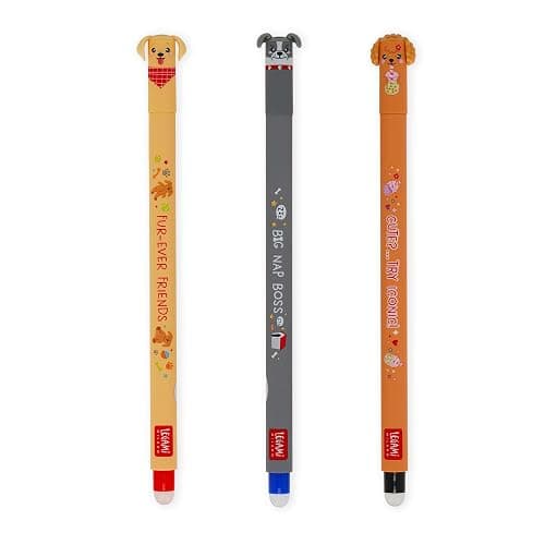 LEGAMI - Set de 3 Stylos Gel Effaçables - Fur-ever Friends | Stylos avec encre effaçable thermosensible, noir, bleu, rouge, efface sans consommer la feuille, pointe 0,7 mm