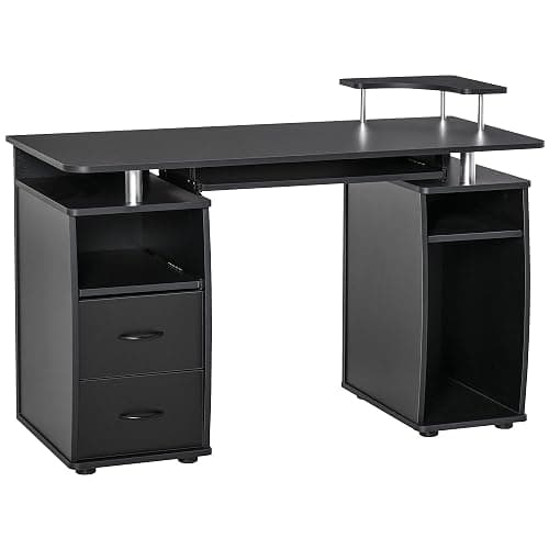 HOMCOM Bureau Informatique Étagères et Tiroir - 120 x 50 x 85 cm Noir | Bureau d'Ordinateur avec Rangement, Support Imprimant et Clavier, Table d'Étude pour Chambre