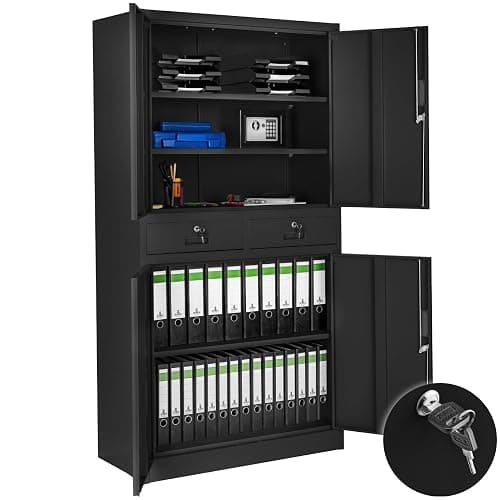 tectake Armoire de Rangement Metal Armoire de Bureau avec Serrure 4 Portes battantes et 2 tiroirs verrouillables pour Rangement Dossier, 80 x 40 x 180 cm - Noir