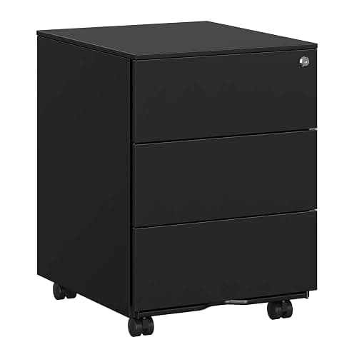 SONGMICS Caisson de Bureau, Métallique, Verrouillable, 3 Tiroirs | Meuble de Bureau, Casier sur Roulettes, pour Imprimante, Prémonté, 39 x 45,1 x 53,8 cm, Noir Mat, Collection BEREND OFC63BK