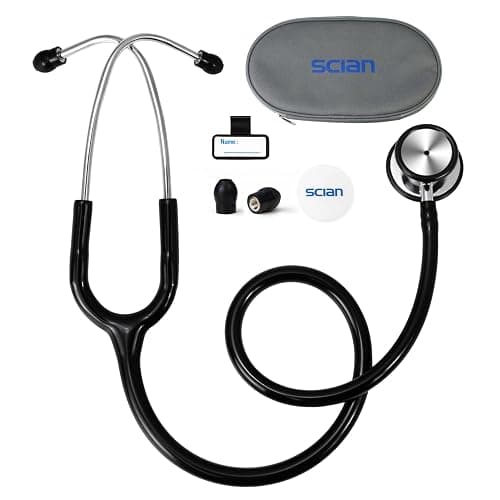 SCIAN Stéthoscope à double tête classique en acier inoxydable avec accessoires et étui de transport pour médecins, infirmières, enfants, adultes (noir)