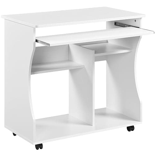 Yaheetech Bureau Informatique Blanc pour Ordinateur à roulettes avec Grand Support Clavier Coulissant/4 étagères en Bois pour Travailler, 80,1 x 48,1 x 76,2 cm, Moderne