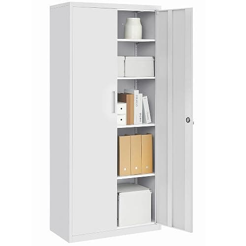 SONGMICS Meuble de Rangement Bureau, en Acier, 5 Niveaux, Serrure | Armoire à Outils, Placard, Doubles Portes, Étagères Réglables, pour Garage, Gris Givré, Collection BEREND OMC015G01