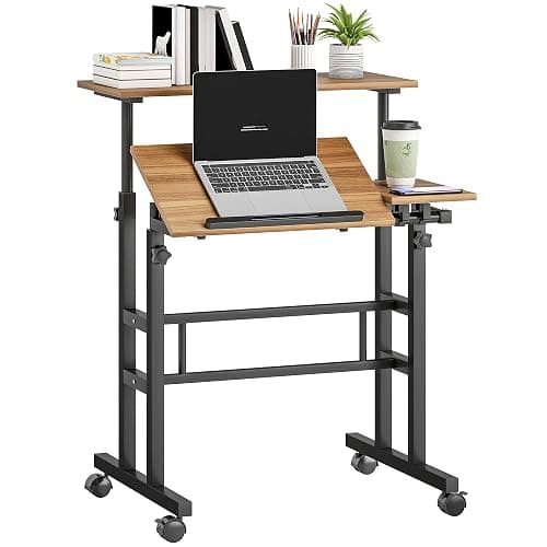 HOMCOM Bureau Assis Debout Bureau Réglable en Hauteur 70x60cm Marron Noir | Table Ordinateur à Roulettes, Plateau Inclinable, Poste de Travail pour Chambre, Petits Espaces