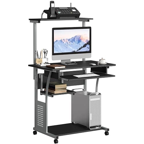 Yaheetech Bureau Informatique 80x50x132 cm avec roulettes - Noir | Plateau Clavier Coulissant + Tablette Latérale + 3 Étagères Rangement | Roulettes Dont 2 Freins | Bureau, Chambre, Studio