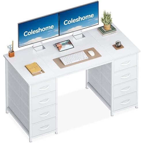 Coleshome Bureau avec 8 Tiroirs en Tissu, 120x48cm, Blanc | Grande capacité d'organisation, table d'étude et bureau d'écriture avec espace aux fournitures, cosmétiques et accessoires.