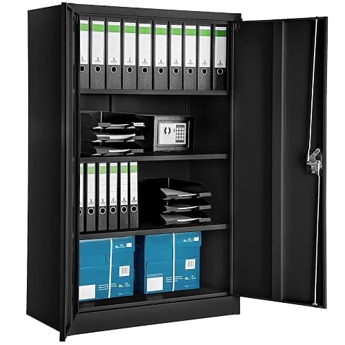 tectake® Armoire de Bureau métallique 140x90x40 cm avec Serrure Rangement Bureau avec 4 Compartiments pour Classeur Rangement Documents Industriel Meuble 2 Portes, 3 Étagères Réglables en Hauteur