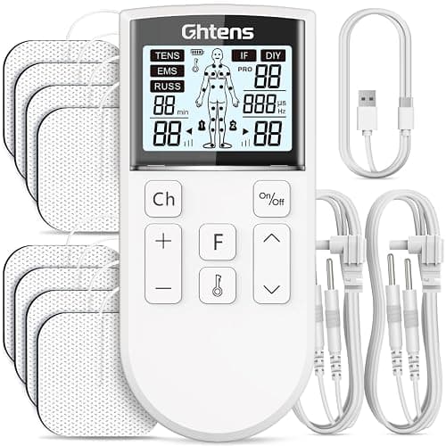 GHTENS Électrostimulateur Musculaire 5 en 1: TENS/EMS/If/Russ/DIY, Appareil de Stimulation Électrique Rechargeable, 80 Programmes, 2 Canaux, 8 Électrodes