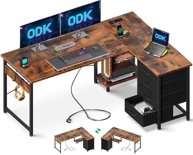 ODK Bureau d'angle avec 4 Tiroirs en Tissu, 135x100cm Brun Vintage | Ports USB, Prises de Courant, Bureau en L avec rangement réversible, support PC et espace idéal pour télétravail et études.