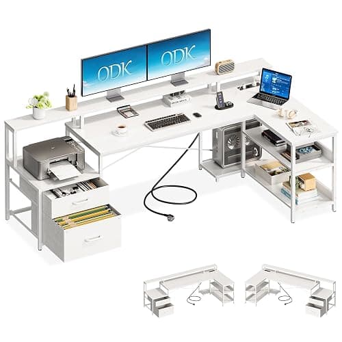 ODK Bureau d’Angle en L avec Rangement et Tiroirs, 189.3 x 100 cm, Blanc | Table Informatique réversible avec 2 tiroirs, support moniteur et 2 ports USB, idéale pour jeux, travail et études.