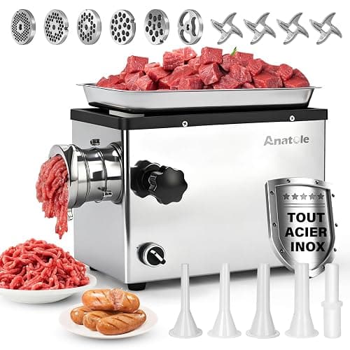 Anatole Hachoir a Viande Électrique Professionnel 1300W Acier Inox Intégral | Broyeur d'os, Lavable au Lave-vaisselle, 6 Plaques, 4 Lames, 4 Remplisseur de Saucisses, pour Restaurant Hôtel Maison, 220V