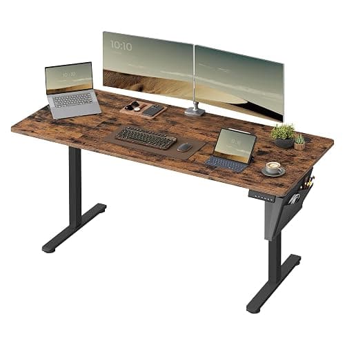 SONGMICS Bureau Électrique Assis-Debout Réglable, 70 x 160 x (72-120) cm | 4 Hauteurs Mémorisables, Pochette de Rangement, Marron Rustique et Noir D'Encre, Collection BALOK LSD136K01