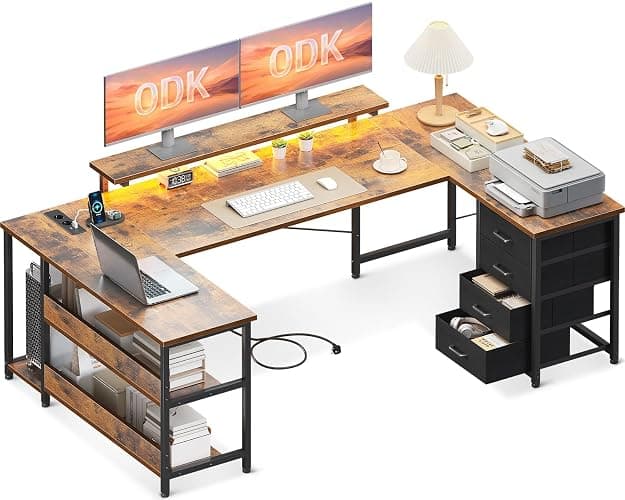 ODK Bureau avec Tiroirs, Bureaux d'angle Réversible avec Multiprise, LED et Support pour Moniteur pour Bureau à Domicile, 167×102 cm, Brun Vintage