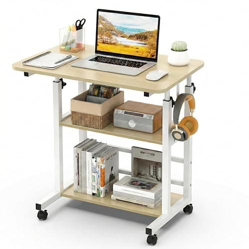 Table Roulante Réglable en Hauteur 63-90 cm, Bureau Informatique Mobile 60 x 40 cm avec 3 Étagères de Rangement, 4 Roulettes avec Frein, Table d’Ordinateur pour Salon, Bureau Maison – Effet Bois