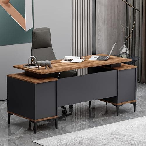 Homidea Branco Bureau exécutif – Table de bureau moderne avec espace de rangement (chêne anthracite)