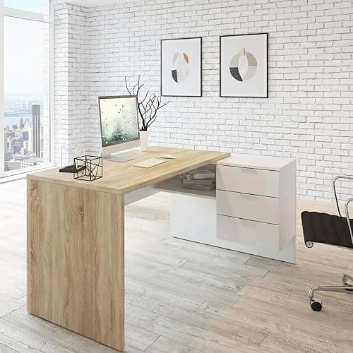 Dmora - Bureau Greensboro Réversible Multifonctionnel, Table d'Angle Avec Support PC et Tiroirs, 145x108h73 cm, Chêne et Blanc