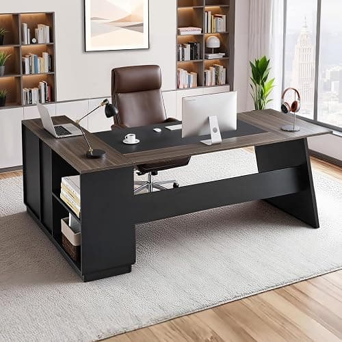 VEVOR Bureau de Direction en L, Charge de 158,7 kg, Bureau d'ordinateur Moderne avec tiroirs et Armoire de Rangement, Grande Table d'étude en Bois Robuste, pour Travail et écriture, Marron et Noir