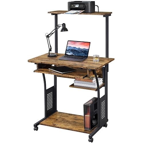 Yaheetech Bureau Informatique 80x50x132 cm avec roulettes - Brun Rustique | Plateau Clavier Coulissant + Tablette Latérale + 3 Étagères Rangement | Roulettes Dont 2 Freins | Bureau, Chambre, Studio