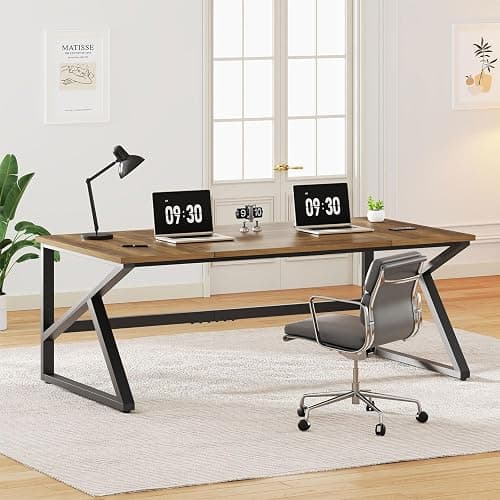 IBF Bureau D'Ordinateur Industriel Bois Massif 180Cm Chêne Rustique | Bureau Informatique Spacieux En Bois Massif, Structure Stable Pour Deux Personnes, Adapté Au Travail, étude Et Jeux