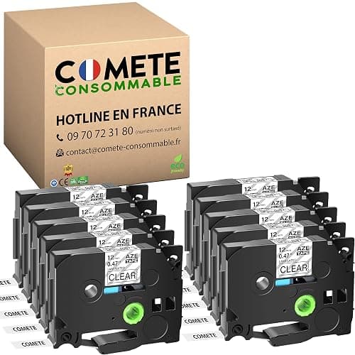 COMETE CONSOMMABLE - Ruban Etiqueteuse 12 mm - Remplacement Ruban pour Brother TZe131 TZE131 - Lot De 10 Rubans Laminés Transparent (Lettrage Noir) pour Brother PTOUCH H100R H110 H100LB P300BT H107B