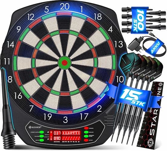 KESSER® Cible de fléchettes électronique professionnelle – Cible de fléchettes E avec 15 fléchettes + 35 ailettes Pro 100 pointes + accessoires pour 1 à 8 joueurs