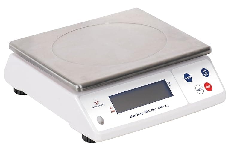 Louis Tellier - Balance cuisine professionnelle électronique 30kg/2g IP53 | Précision 2g, plateau inox amovible 29,8x23,6cm ; pieds réglables, tare, unités kg/oz ; IP53, 4 piles fournies, témoin usure