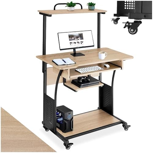tectake® Bureau sur roulettes avec étagères et tiroir à Clavier, 80 x 65,5 x 130,5 cm, Table de Bureau, Bureaux Ordinateur Meuble pc Table de Travail Meuble Ordinateur Desk Teletravail, Bois Clair