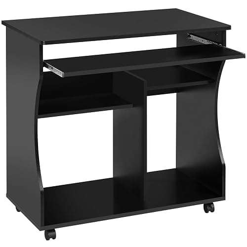 Yaheetech Bureau Informatique à roulettes Bureau d'ordinateur en Bois avec Plateau pour Clavier Étagères de Rangement Bureau Bibliothèque Poste de Travail 80 cm L × 48 cm l × 76 cm H Noir