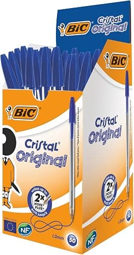 BIC Cristal Original Stylos-Bille Pointe Moyenne (1,0 mm)- Parfait pour l'Ecole et au Bureau) - Bleu, Boîte de 50