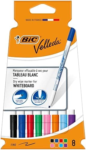 BIC Velleda 1721 Feutres Effaçables A Sec à Pointe Fine pour Tableau Blanc – Couleurs assorties, Pack Carton de 8