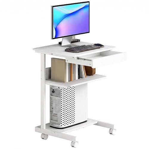 HOMCOM Petit Bureau d'Ordinateur sur Roues avec Rangement 56 x 51 cm Blanc | Avec Tiroir, Compartiment Et Support CPU, Table Informatique, Pour Étudier, Pour Petits Espaces Chambre