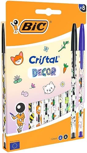 BIC Cristal Décors Kawaii Stylos-Bille à Pointe Moyenne (1,00 mm) Bleu et Noir - Motifs Kawaii Assortis, Pack de 8
