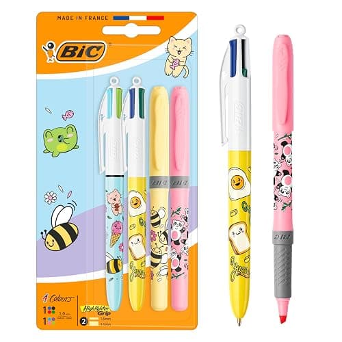 BIC 4 Couleurs Décors Série Kawaii Stylos-Bille Rétractables à Pointe Moyenne (1,0 mm) Encres Fantaisie de Couleur + BIC Highlighter Grip Décors Pointe Biseautée - Motifs Kawaii Assortis, Pack de 4