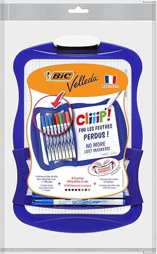 BIC Velleda Ardoise Ecolier Double Face (21 x 31 cm) Effaçable à Sec avec 8 Feutres Effaçables à Sec et Effacette - Bleue, Lot de 1