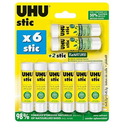 UHU Stic - Bâton de Colle Sans Solvants | Tube De Colle Blanc, Enfant, Loisirs Créatifs, Maison, Fourniture De Bureau, École - Lot de 6 Stics de 8,2 g + 2 Stics R