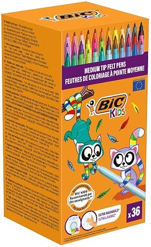 BIC Kids Kid Couleur Feutres de Coloriage à Pointe Moyenne - Couleurs Assorties, Etui Carton de 36